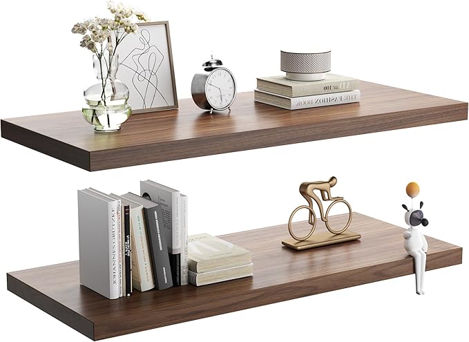 Wall Shelf Set of 2, Walnut Floating Shelves 24 in W x 10 in D x 1 in H, Wooden Floating Wall Shelf with Invisible Brackets for Living Room/Bedroom/Bathroom/Kitchen Storage and Decor