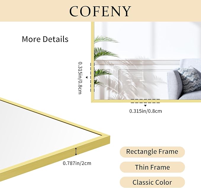 Gold Bathroom Mirror for Wall, 60x36 Inch Rectangle Mirrors with Metal Frame, Modern Vanity Wall Mirror Decor for Bathroom Living Room, Entryway Hangs Horizontal or Vertical