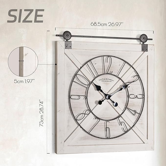 Oakrain Rustic Large Wall Clock, Classic Vintage Hanging Clock, Silent Non-Ticking Square Wall Clock for Living Room Bedroom Office, Numeral, Distressed White, 27''x29''