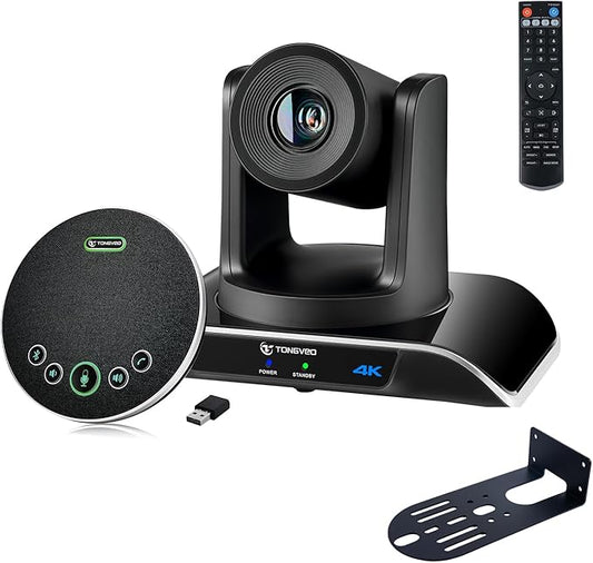 TONGVEO 4K PTZ Conference Room Camera System AI Auto-Tracking 20x Zoom 4K PTZ Camera USB3.0 HDMI LAN outputs and Bluetooth Speakerphone with Microphone for Large Remote Meeting