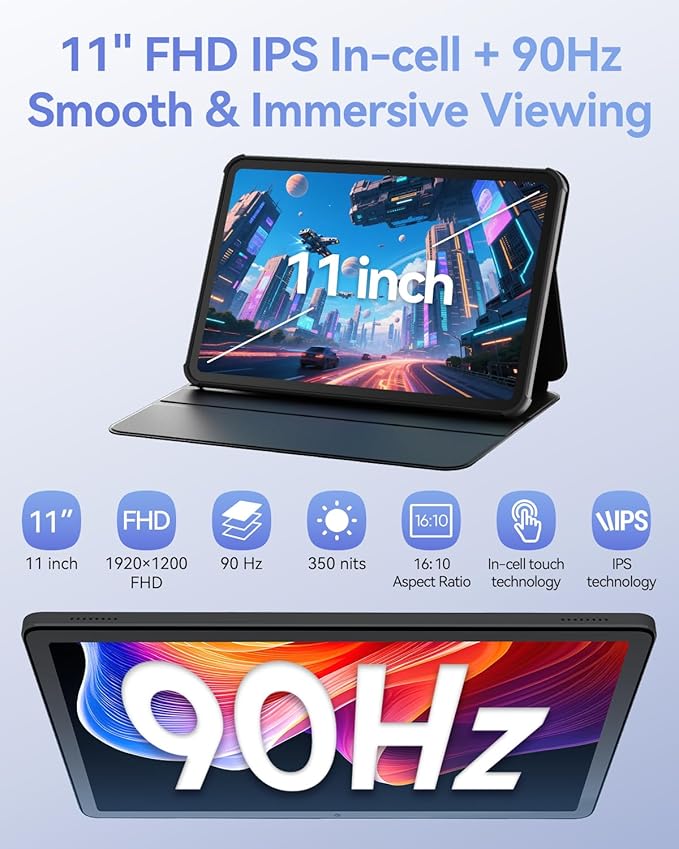11 inch Android 15 Tablet, Helio G100 Octa-Core 20GB+128GB (1TB TF) Bpad 11 FHD 1920×1200 IPS 90Hz Widevine L1, 7000mAh PD 18W 5MP+8MP Camera, 4G LTE+2.4G/5G WiFi+BT5.0+GPS with Protective Case