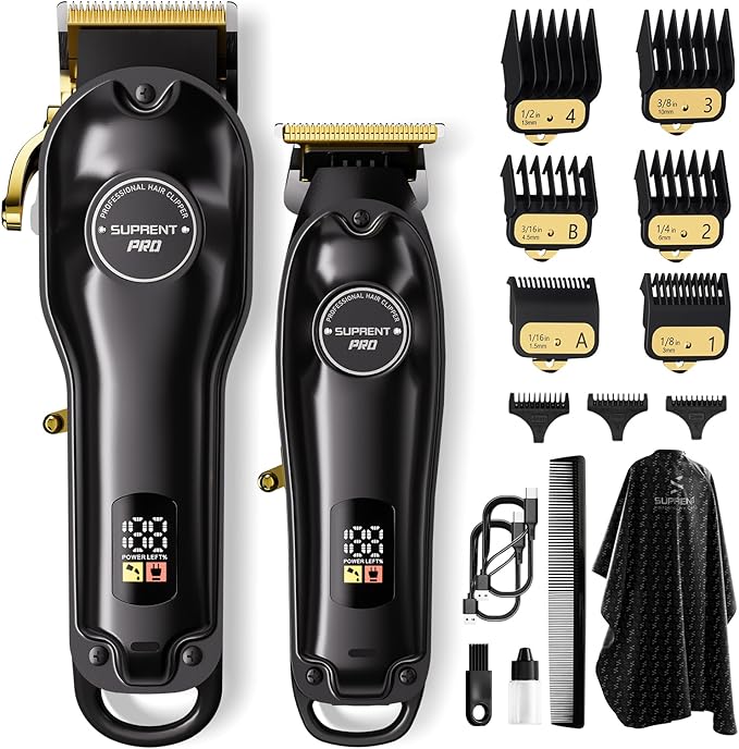 SUPRENT Professional Hair Clippers for Men, Cordless Hair Cutting Kit, Barber Clippers & Zero-gapped Trimmer Combo with Type-C Rechargeable, Titanium Plated Ceramic Blade(Black)