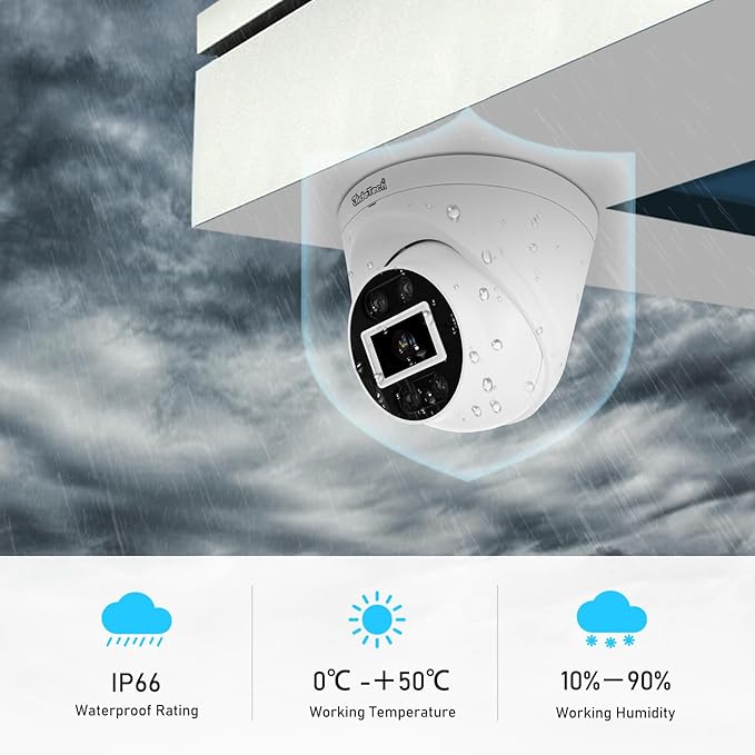 JideTech 8MP PoE IP Turret Camera Outdoor, Metal 4K IP Dome Camera Indoor, 2.8mm Lens Wide Angle, Human Vehicle Motion Detection, 98ft Dual Light Color Night Vision, IP66, RTSP,for Onvif NVR