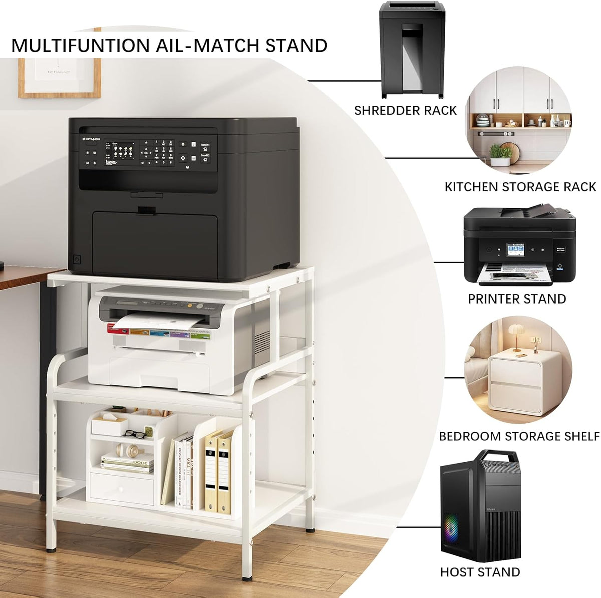 Large Printer Stand with Storage Shelf, 23.6" W x 18.9" D Printer Cart with Wheels, 3 Tier Mobile Printer Table for Home Office,Stands for Heat Press Scanner Fax (White)