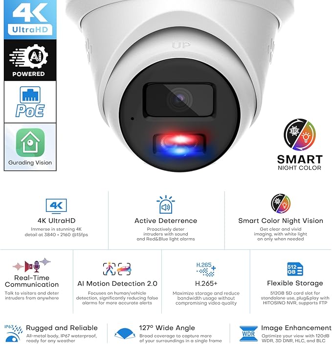 8MP Active Deterrent IP Camera, 4K PoE Camera Outdoor w/Red-Blue Alarm Lights & Sound, 98FT Smart Color Night Vision, 2-Way Audio, AI Human/Vehicle Detection, Full Metal IP67, 127°Wide Angle