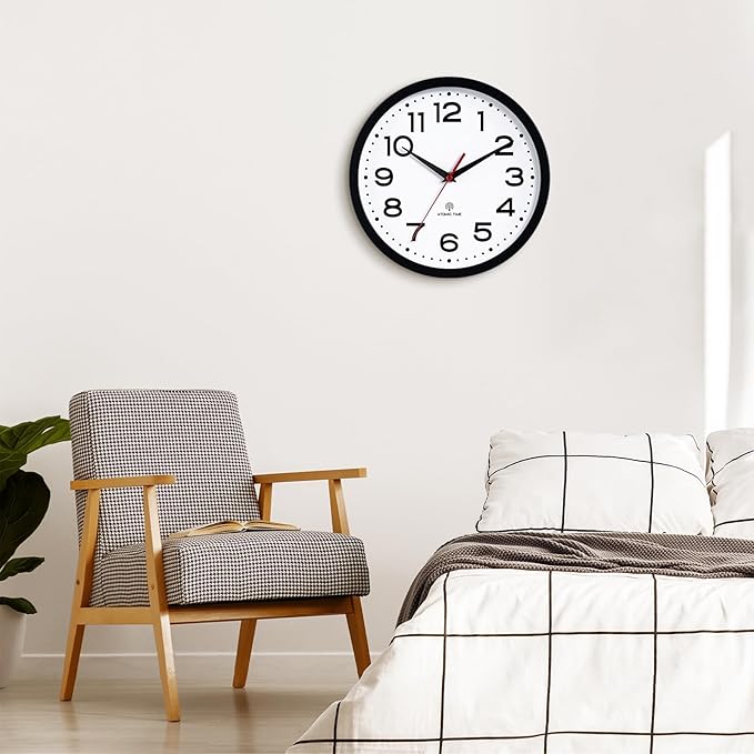 Atomic Wall Clock 12 Inch, Modern Clock Battery Operated Classic Analog Decorative for Kitchen, Living Room, Office, Bedroom, Bathroom (Black)