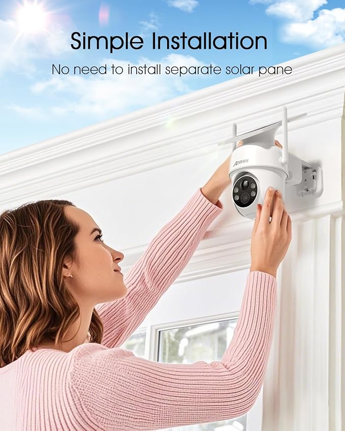 ANRAN Solar Security Cameras Wireless Outdoor,2K Cameras for Home Security with Fixed Solar Panel, 360° PTZ for Home Surveillance,2.4G WiFi, PIR Human Detection, 3MP Color Night Vision, 2 Pack