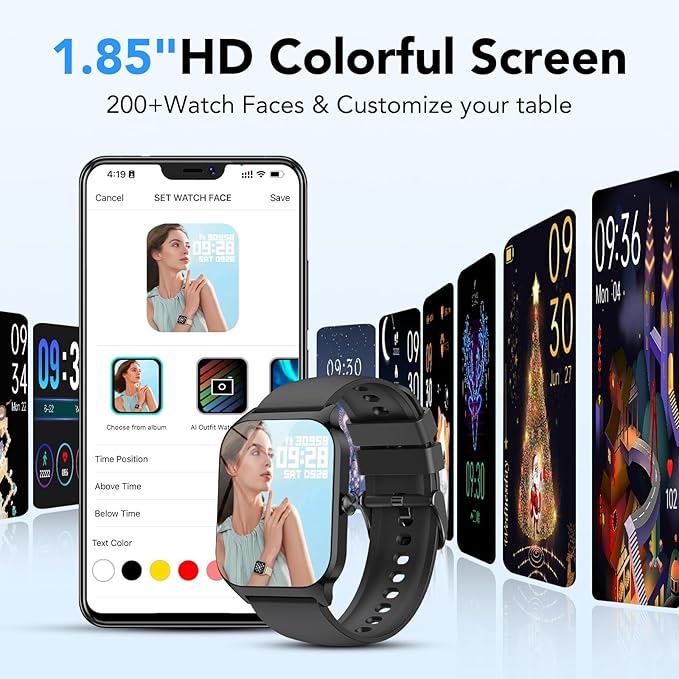 Smart Watch for Men Women, 1.85" HD Fitness Tracker with Bluetooth Calls/AI Voice Control, IP68 Waterproof, 115+Sports Modes, 24/7 Heart Rate/Sleep Fitness Watch Compatible with iOS/Android, Black