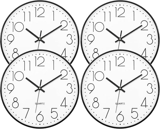Lumuasky 4 Pack Wall Clock,12 Inch Silent Battery Operated Non Ticking Quartz Round Analog Classic Clock Modern Design for Home Office Classroom School Living Room Bedroom