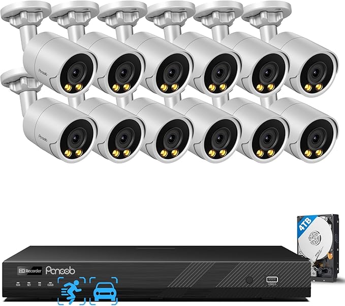 16 Channel Security Camera System PoE,4K 16CH NVR with 4TB HDD,12X 8MP Wired Outdoor Home Surveillance IP PoE Cameras,Built-in microphone,Human Vehicle Detection,Color Night Vision,PB38F1216-8M