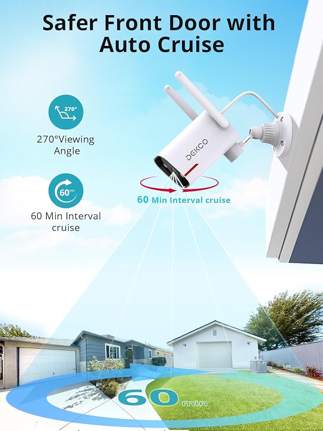 DEKCO WiFi Camera 2K Pan Rotating 180° Wired Outdoor Security Cameras with Color Night Vision, Support 24/7 Recording, 2.4GHz WiFi, AI Human Auto Tracking, Work with Alexa/Google Assistant (1 Pack)