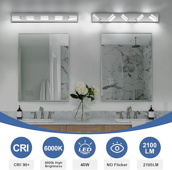 Modern LED Bathroom Lights Fixtures(5-Light),Stainless Steel Chrome Acrylic Wall Lighting,Vanity Lights for Bathroom Over Mirror(6000k 34in)