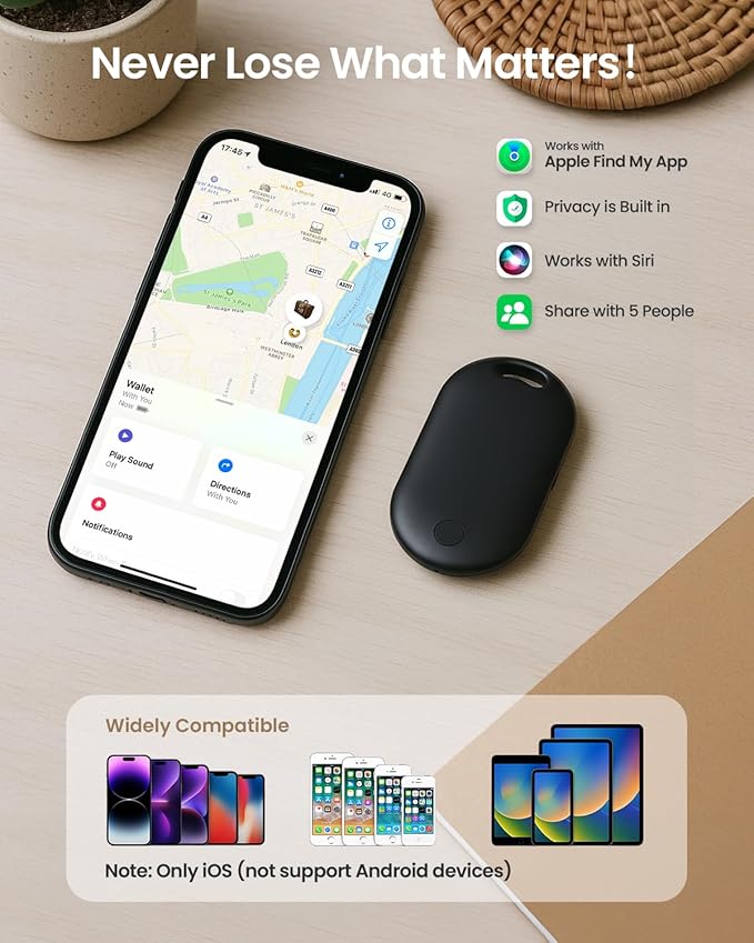Slim Air Tracker Tags Compatible with Apple Find My (iOS Only) [Apple MFi Certified] Smart Tag with Replaceable Battery Bluetooth Tag Item Finder for Keys, Wallet, Luggage, Bags (Rich Black)