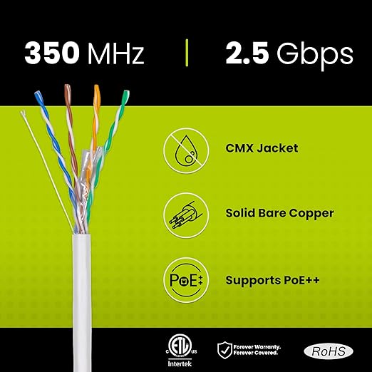 trueCABLE Cat5e Outdoor, Unshielded UTP, 500ft, UV Resistant, CMX Rated, White, 24AWG Solid Bare Copper, 350MHz, PoE++ (4PPoE), ETL Listed, Bulk Ethernet Cable