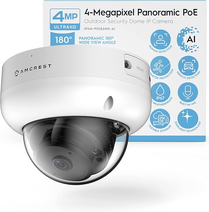 Amcrest Panoramic IP POE Camera, 180° Panoramic 4-Megapixel POE IP Dome Camera, Security Outdoor Camera, 50ft Nightvision, IVS Features and People Counting, MicroSD Recording, IP4M-PD183EW-AI White