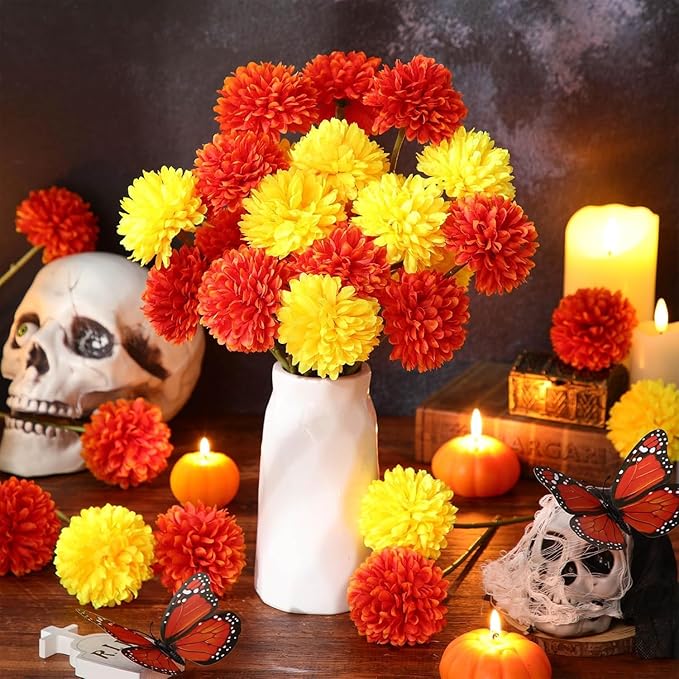 Kimura's Cabin 20Pcs Fake Silk Ball Flowers Artificial Chrysanthemum Faux Mums Bouquets Wedding Arrangements Halloween Home Table DIY Center Decoration (Orange Yellow)