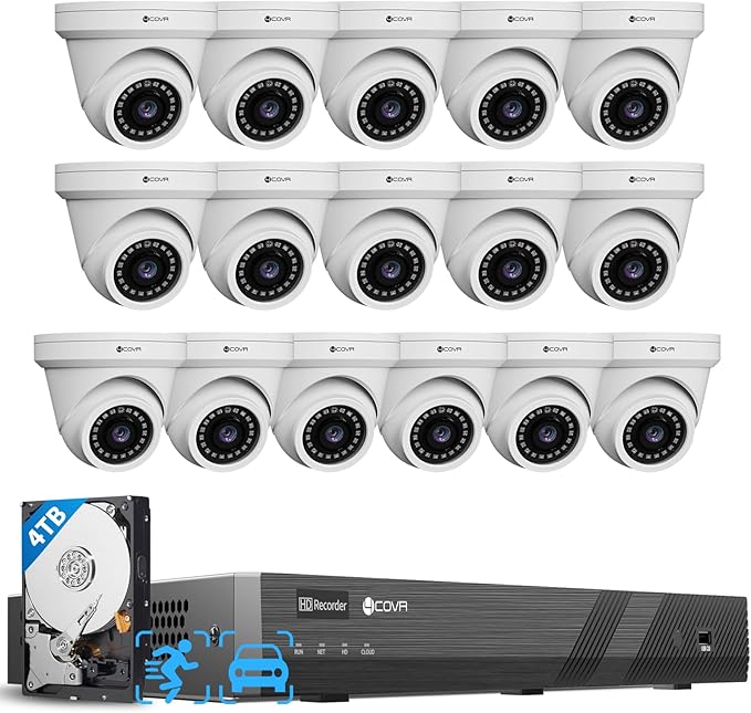 4COVR 4K 16 Channel Security Camera System for Business, 16CH NVR 4TB HDD, AI Human Vehicle Detection, 16x 8MP IP67 Dome Commercial IP PoE Camera with Mic, Night Vision, 24/7 Recording, LY97AX8M1616