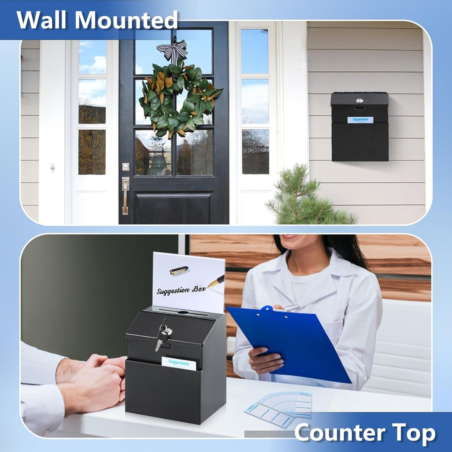 KYODOLED Suggestion and Ballot Box with Lock and Slot, Metal Wall Mounted Donation Key Drop Box with Clear Acrylic Sign Holder and 50 Free Suggestion Cards & 2 Keys, 8.5H x 5.9W x 7.3L Inch, Black