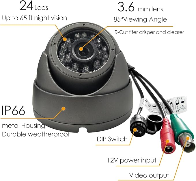 Analog CCTV Camera HD 1080P 4-in-1 (TVI/AHD/CVI/960H Analog) Security Dome Camera Outdoor Metal Housing, 24 IR-LEDs True Day & Night Monitoring 3.6mm Lens (Grey)