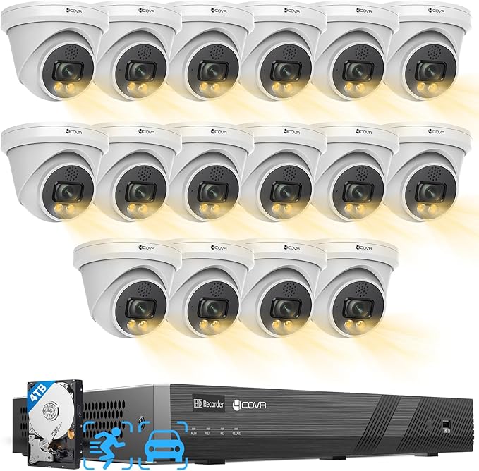 4COVR 16 Channel Security Camera System,2-Way Talk & Dual Lights Smart Full Color Night Vision, AI Human Vehicle Detection, 16x 5MP IP67 PoE IP Dome Camera for Business, LY97KA5M1616