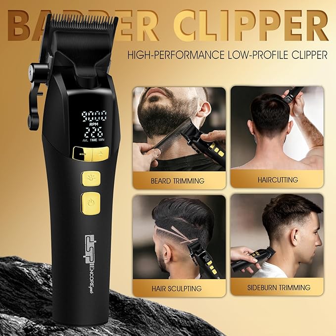 DSP Hair Clipper for Men Professional, Cordless DLC Coated Ceramic Blade, Five-Speed Adjustable 9000RPM, Hair Cutting Tool for Barbers, with Indicator Light Plug and Play, Black