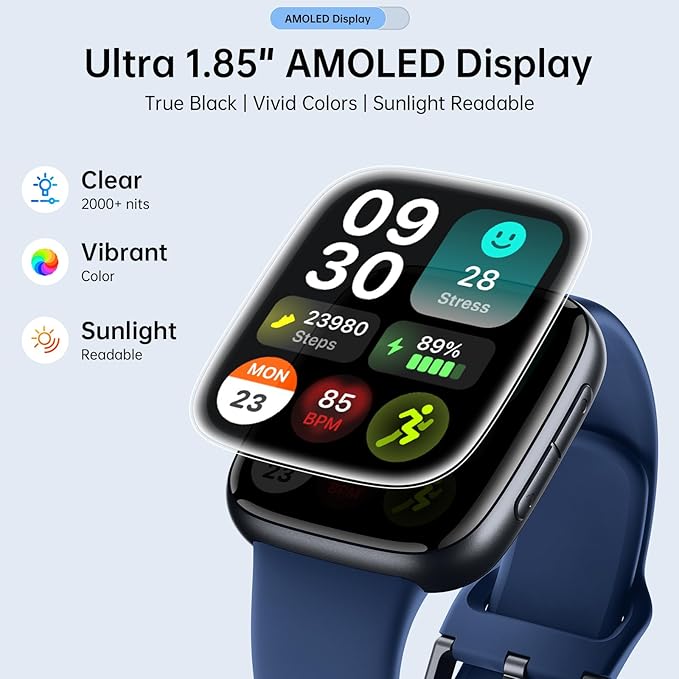 Latest Smart Watches for Women & Men - Performance Upgraded, 1.85-inch AMOLED HD Display (390x450), 12-Day Battery Life, 3ATM Waterproof (30m), Call, Health Monitoring, Fitness Tracker (D-Blue)
