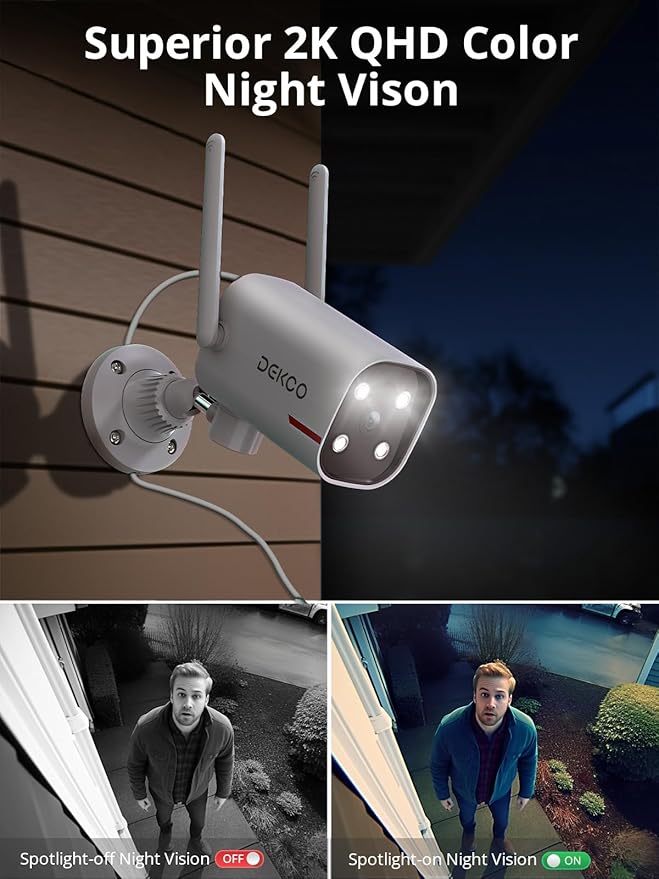 DEKCO WiFi Camera 2K Pan Rotating 180° Wired Outdoor Security Cameras with Color Night Vision, Support 24/7 Recording, 2.4GHz WiFi, AI Human Auto Tracking, Work with Alexa/Google Assistant (1 Pack)