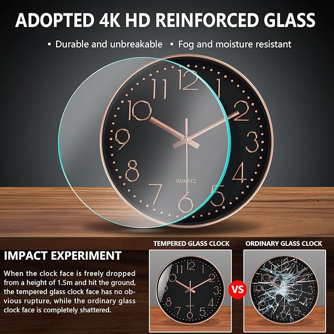 Silent Wall Clocks Battery Operated 8 Inch, Analog Wall Clock with Oversized Number Tempered Glass Clock Face, Non Ticking Wall Clocks for Living Room Bedroom Kitchen Office, Black Rose Gold