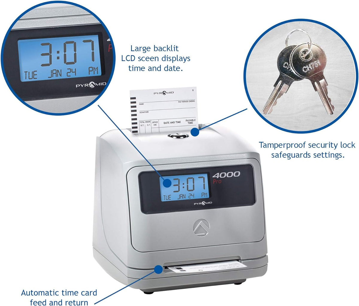 Pyramid Time Systems - Model 4000 Pro Auto Totaling Time Clock [ 4000PROK ] for Small Business, Bundle Includes: 125 Time Cards,2 Ink Ribbon cartridges, 1 Ten Time Card Rack, 2 Security Keys