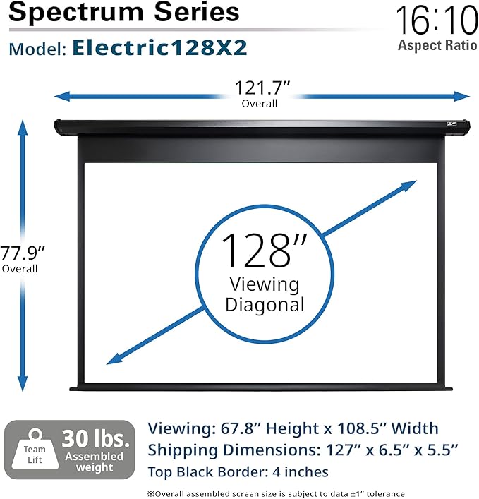 Projector Screen Elite Screens Spectrum, 128-INCH Diag 16:10, Motorized Projection Screen Movie Home Theater 4K/8K Ultra HD Ready, ELECTRIC128X2