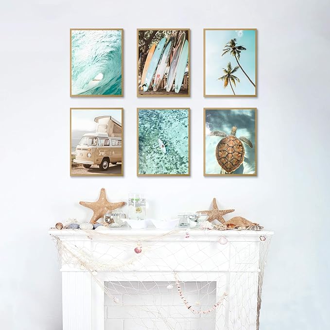 Laywhq Coastal Beach Wall Art Summer Ocean Surf Tropical Canvas Wall Decor Summer Nautical Palm Tree Turtle Surfboard Bus Room Paintings Prints Posters for Bedroom Living Room Set of 6 8x10in Unframed