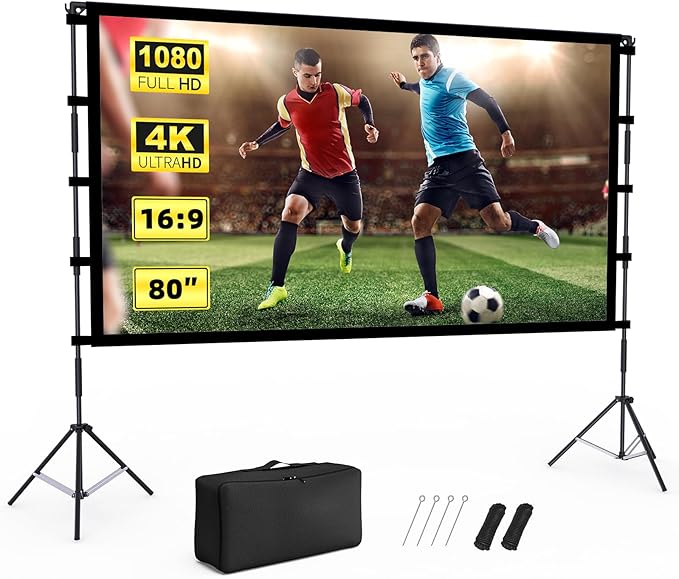 Projector Screen Outdoor, Vamvo Projector Screen with Stand Portable 80" Foldable ProjectorScreen, 10 Feet Indoor Movie-Screen with Carrying Bag for Home Theater Backyard Movie Night