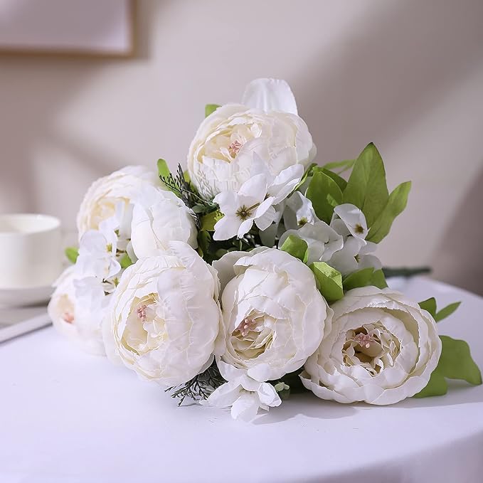 Duovlo Artificial Peony Silk Flowers Fake Flowers Vintage Wedding Home Decoration,Pack of 1 (Spring Milk White)