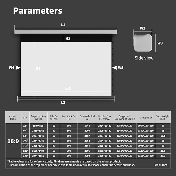QuadraArc Motorized Drop Down Projector Screen 16:9 White Matt, Wall & Ceiling Mount, Electric Pull Down Screen with Remote Control, Compatible with All Projectors 72"