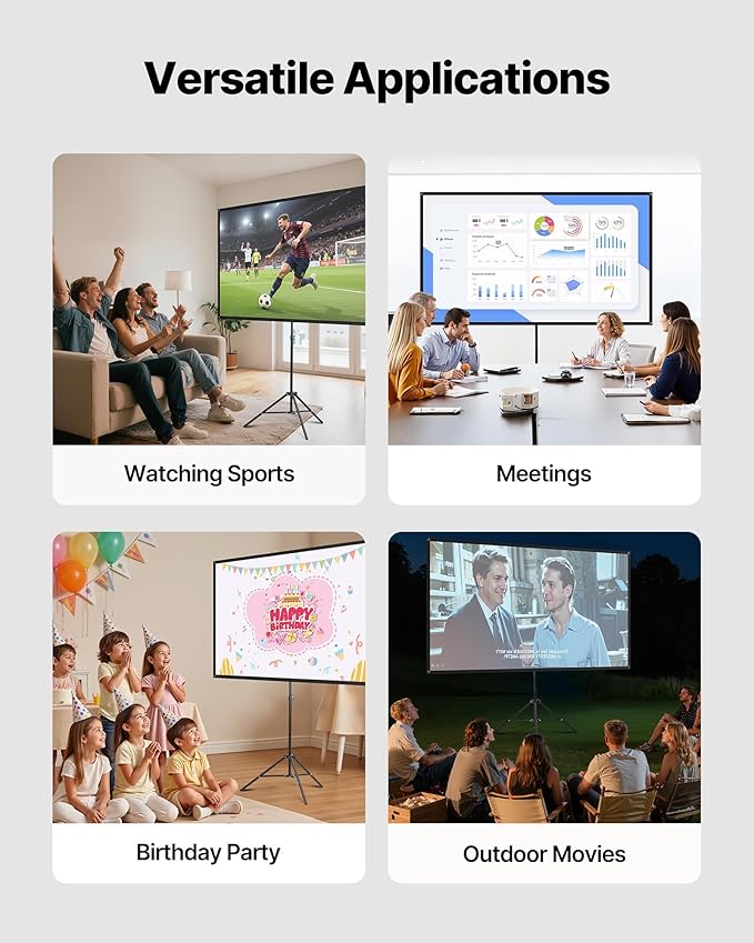 VEVOR Projector Screen with Stand, 80 Inch 160° Wide Angle Indoor Outdoor Projection Screen, 16:9 4K HD Wrinkleless Portable Tripod Screens with Carry Bag, for Movie Home Theater Office Presentation
