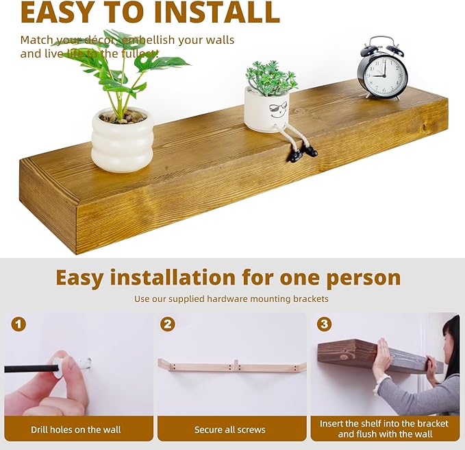 Floating Shelves 3 inch Thick for Wall Set of 2,Solid Pine Wood Wall Mount Shelf for Kitchen Living Room Bedroom Bathroom,8" D x 48" L x 3" H-Gold Oak