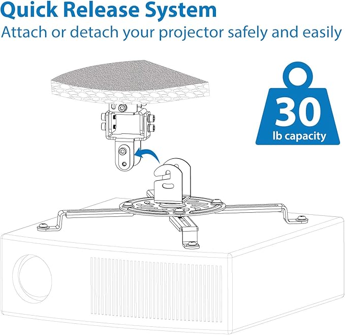 Mount-It! Low Profile Projector Ceiling Mount [30 lbs Capacity] Universal Bracket | 360 Full Motion Rotation with 30 Degree Tilt and Roll | 6 Inches High (White | Short)