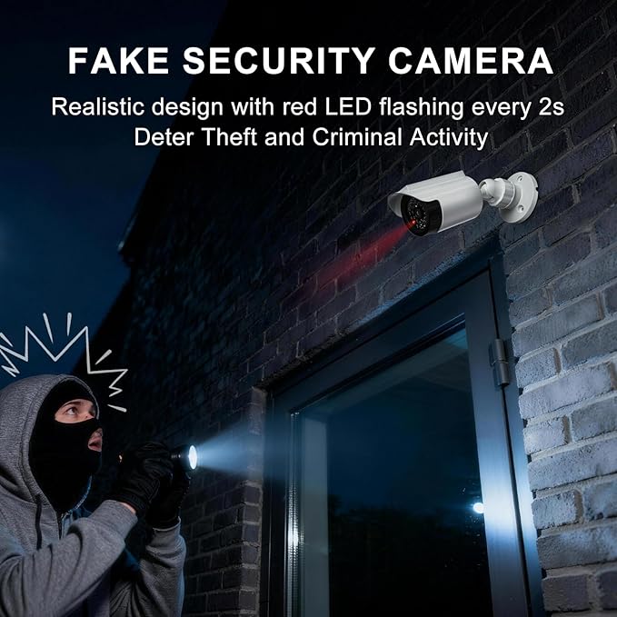 WALI Fake Dummy Camera, Solar Powered Fake Security Camera with LED Light, for Inside Outside Decoy Simulated Surveillance Security CCTV Dome Cameras with Warning Sticker (SOLTC-W2), 2 Packs, White