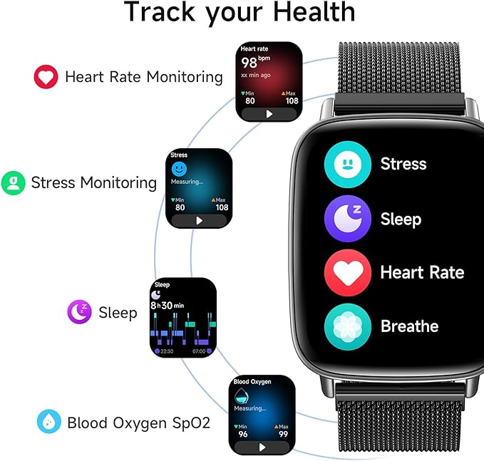 Smart Watch for Women, 1.85" HD Smartwatch Compatible iPhone/Samsung/Android (Answer/Make Calls), 100+ Sport Modes Fitness Tracker with Heart Rate/Sleep/SpO2 Monitor, IP68 Waterproof, Metal Band
