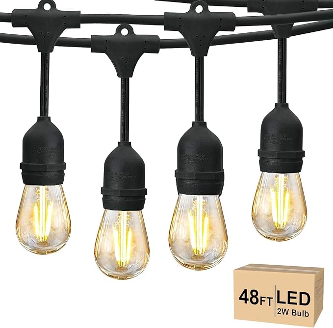 Svater 48 FT Outdoor String Lights 2W, Commercial Grade Patio Light with 15 pc Edison Shatterproof Bulbs, IP65 Waterproof LED Hanging Lighting for Bistro Cafe Market Outside Backyard, Warm White 2700K