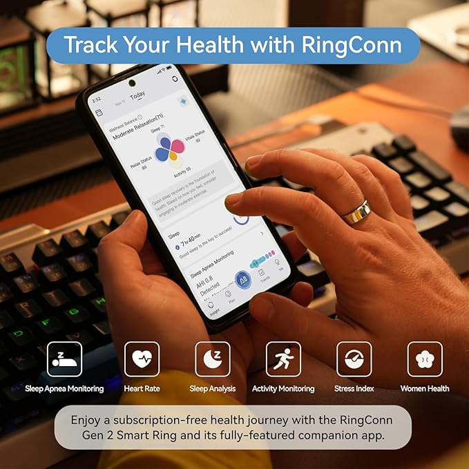 RingConn Gen 2, World’s First Smart Ring with Sleep Apnea Monitoring, No APP Subscription, 12-Day Battery Life, Stress/Heart Rate/Women's Health Tracker, Android & iOS Compatible (Silver, Size 9)
