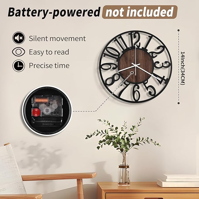 Maxstar Wall Clock Battery Operated,Silent Non-Ticking Modern Rustic Metal Round Clocks Small for Living Room/Bedroom/Office/Kitchen/Farmhouse Home Decor-14 Inch(Brown-Wood)