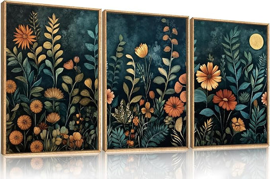 Vintage Dark Botanical Framed Canvas Wall Art Set, Colorful Floral Wall Decor, Nature Wildflower Wall Painting, Colorful Blossom Art Prints for Living Room, Bedroom, Office - 16"X24"X3