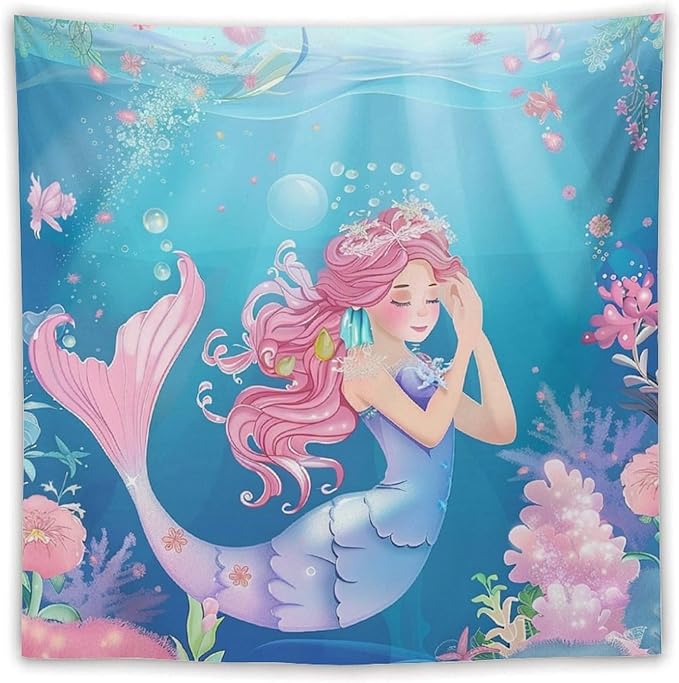HZOHNAGO Mermaid Girls Tapestry Watercolor Flowers Mermaid Princess Blessing Pattern for Kids Room Decoration Printed Wall Tapestry Wall Hanging for Bedroom Living Room Dorm 60" W x 60" H