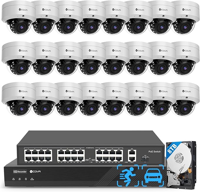 4COVR 4K 32 Channel Security Camera System PoE with Mic, 24X 8MP IK10 Vandal-Proof Dome IP Camera IP67, AI Person Vehicle Detection, 4K UHD NVR 8TB HDD, Commercial Surveillance Outdoor, LY54AX8M3224