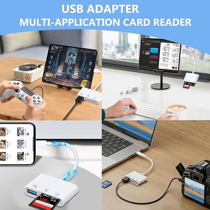 USB C SD Card Reader for iPhone Adapter, 3-in-1 Memory Card Reader Dual Slots with USB Camera Adapter, Digital Camera Adapter iPhone 15/16/17, iPad, Mac, MacBook Pro/Air, Android, Laptop