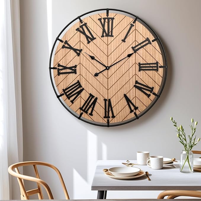 30 Inch Large Wooden Wall Clock – Extra Large FarmhouseWall Clock with 3D Roman Numerals & Herringbone Splicing, Brown Modern Wood Wall Clock for Living Room