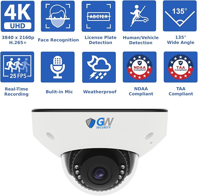 GW Security 16 Channel NVR UltraHD 4K Face Recognition NDAA & TAA Compliant Security Camera System with 16 x 8MP @25FPS Outdoor & Indoor PoE Dome Cameras, 10 Smart AI Functions