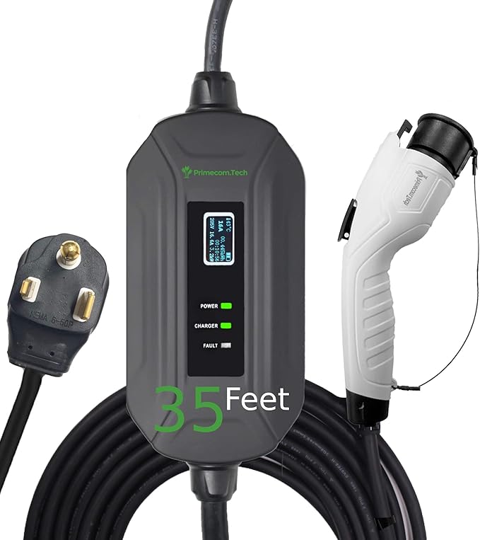 PRIMECOM Level 2 Electric Vehicle (EV) Charger (220V / 240Volt, 16Amp) Portable EVSE Smart Electric Car Charger, 30', 40', and 50 Feet Lengths (NEMA 6-50P, 35 Feet)