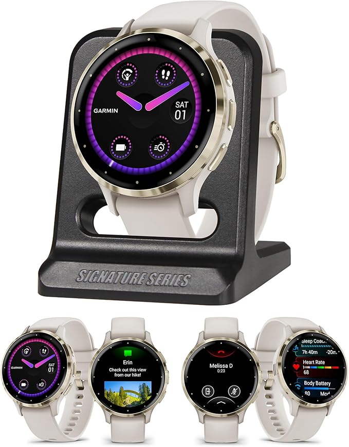 Garmin Venu 3S Running GPS Smartwatch with AMOLED Display, Advanced Health, Fitness Features, Up to 14 Day Battery Life with Signature Series Modern Power Stand | Soft Gold with Ivory Silicone Band